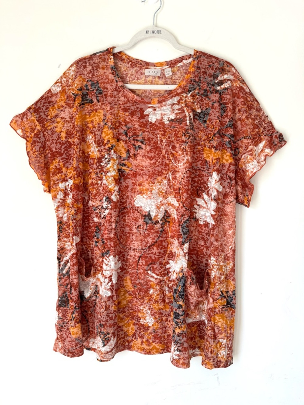 LOGO Lori Goldstein Printed Burnout Flutter Sleeve Tunic Size 3X burnt orange